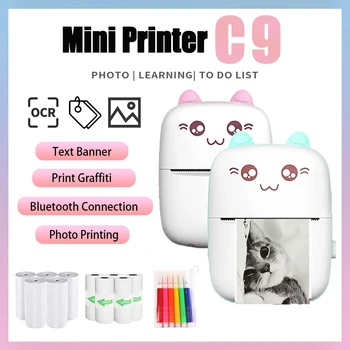 휴대용 미니 프린터 C9 라벨 메모 인쇄 USB 케이블 스티커, BT 무선 무잉크 자기 접착 열 임프리먼트, 203dpi