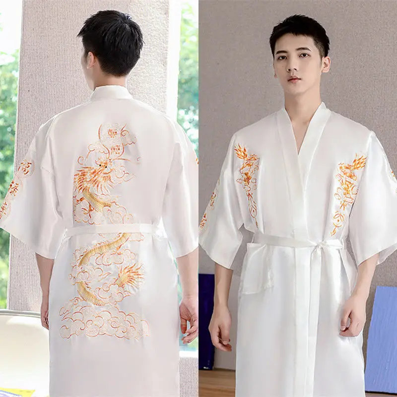 

Luxury Brands Silk Robes Nightgowns Men Big Size Kimono Bathrobe Sleepwear Embroidery Vintage Loungewear Short Sleeve