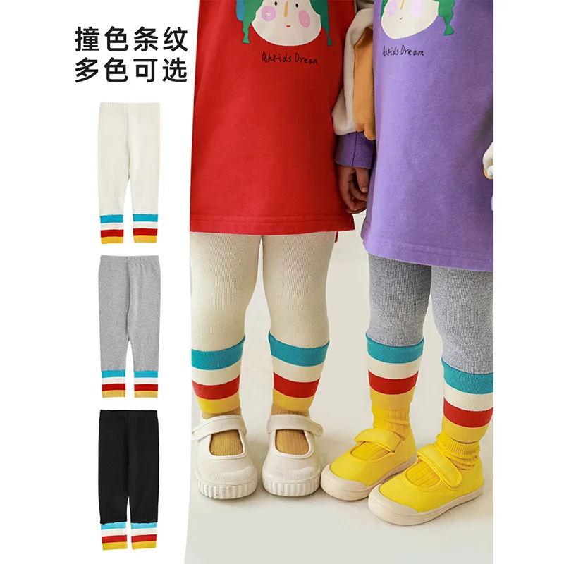 

Весенне-осенние леггинсы для девочек, новинка 2023, детские цветные комбинированные широкие Стрейчевые ребристые брюки