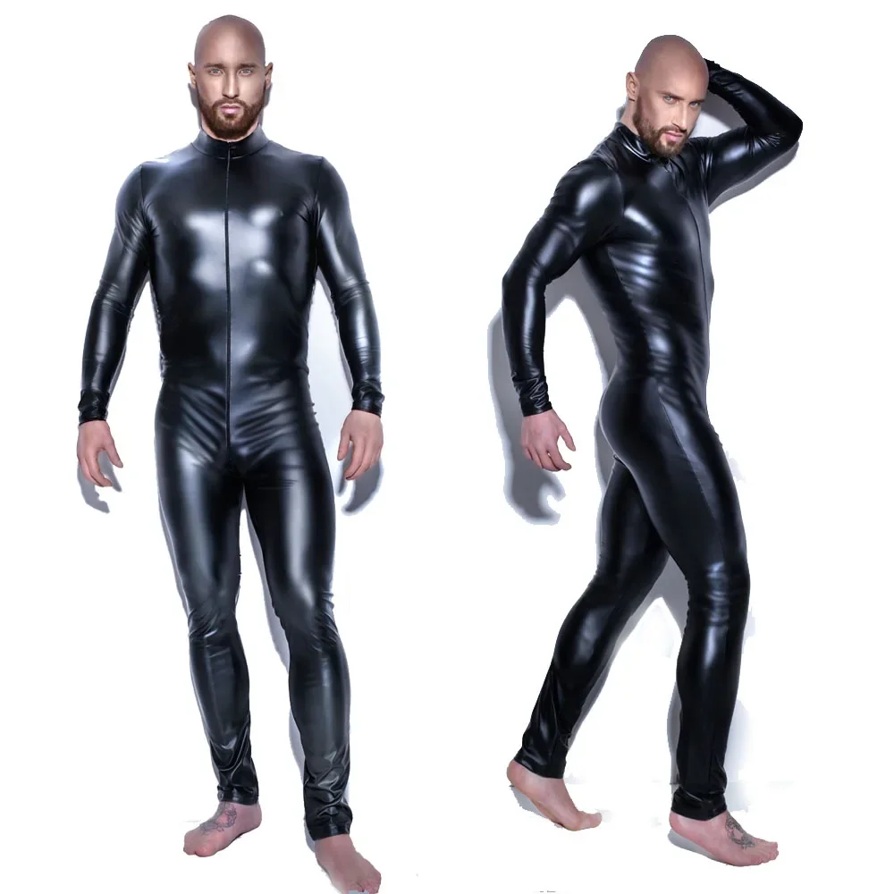 

M-XXXL New Black Shiny Patent Leather Jumpsuit Zipper Open Crotch Latex Catsuit Teddy Spandex Bodysuits Clubwear