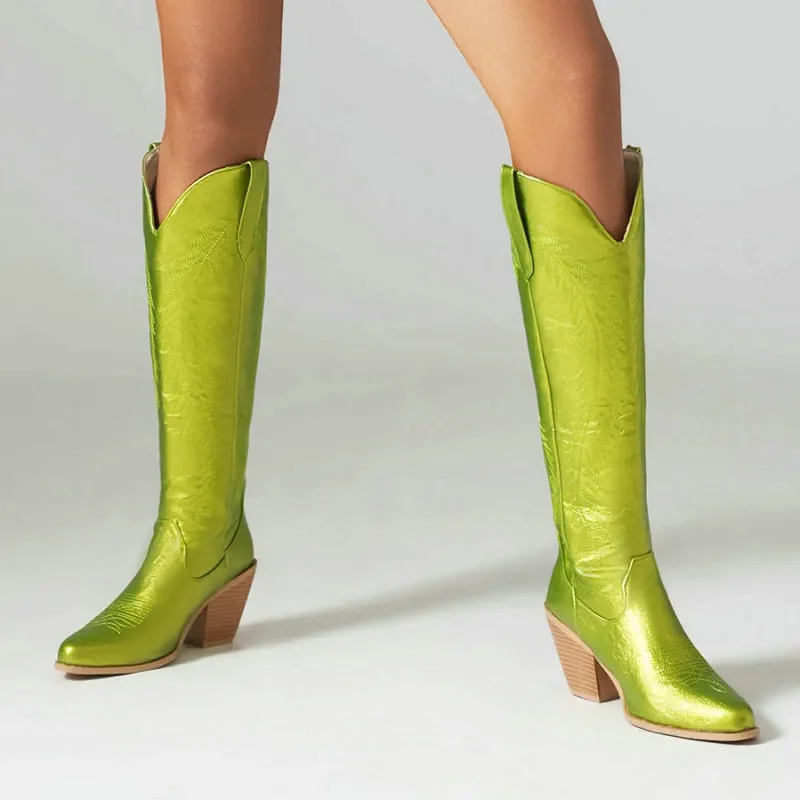 Shiny Pink Neon Green Color Embroidery Pattern V-cut Design Western Women Shoes Chunky Heels Knee-high Cowboy Boots Big Size 48
Shiny Pink Neon Green Color Embroidery Pattern V-cut Design Western Women Shoes Chunky Heels Knee-high Cowboy Boots Big Size 48