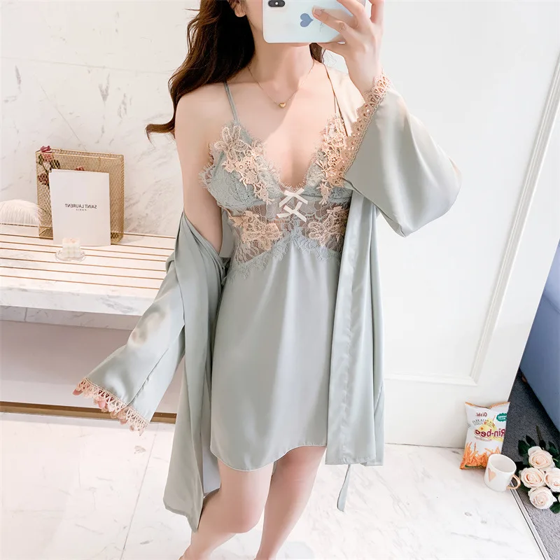 

New Female Nighty&Robe Set Nightgown With Bra Sexy Lace Suspender V-neck Nightdress Backless Temptation Sleepwear Home Dress