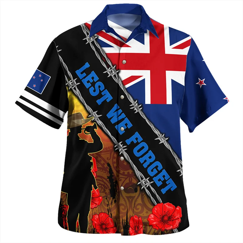 

Summer Harajuku 3D Print New Zealand Maori Silver Fern Rugby Flag Shirts NZ LEST WE FORGET Graphic Short Shirts Fashion Clothing