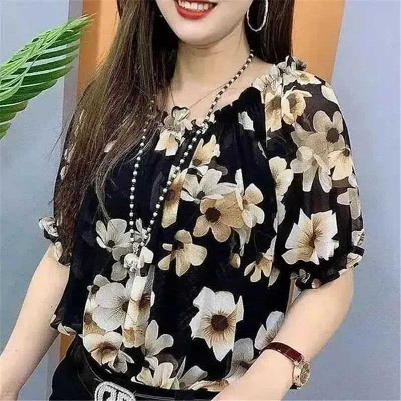 

Vintage Floral Printed Blouse Fashion Ruffles Spliced Summer short Sleeve Female clothing korean Commute Loose Round neck Shirt