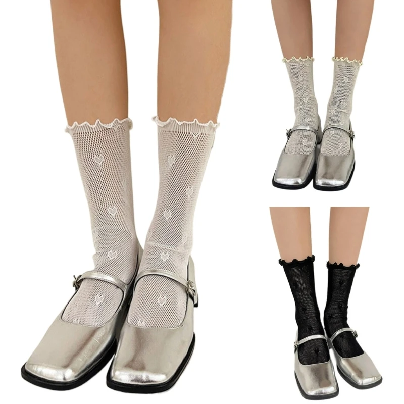 

Aesthetic Heart Jacquard Mesh Ruffle Frilly Socks for Women Elegant Hollowed Out Lace Summer Middle Tube Calf Socks F0T5