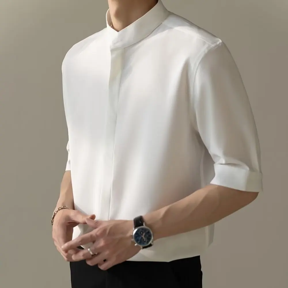 

2024 New Summer Business Casual Standing Collar Spliced Button Ice Silk Short Sleeves Slim Fashion Trend Mmen's Clothing Shirt