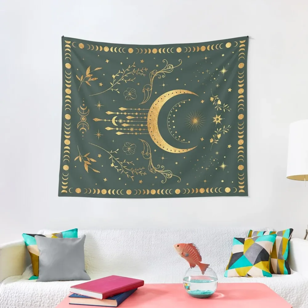 

Sage green and gold Celestial crescent moon with floral accents and moon phase tie dye Tapestry Wall Hanging Wall Tapestry