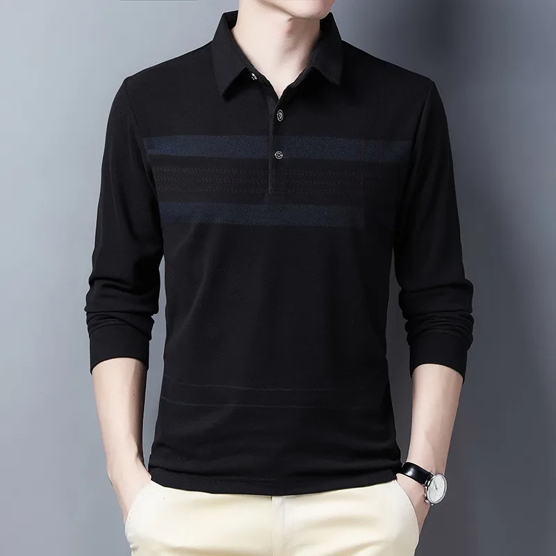 

2022 Men Black Polo Shirt Striped Long Sleeve Autumn and Winter Thick Clothing Casual Warm Polo Shirt for Men Korean Tops