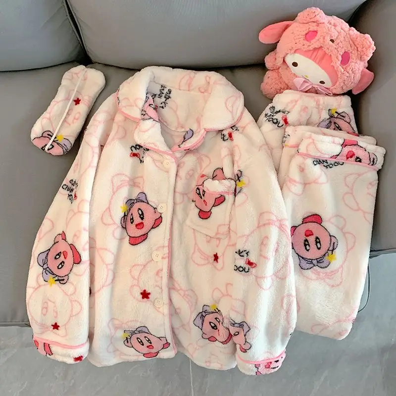 Coral velvet pajamas for women Kirby, winter cartoon, autumn and winter, plush and thick flannel student home clothing set
Coral velvet pajamas for women Kirby, winter cartoon, autumn and winter, plush and thick flannel student home clothing set