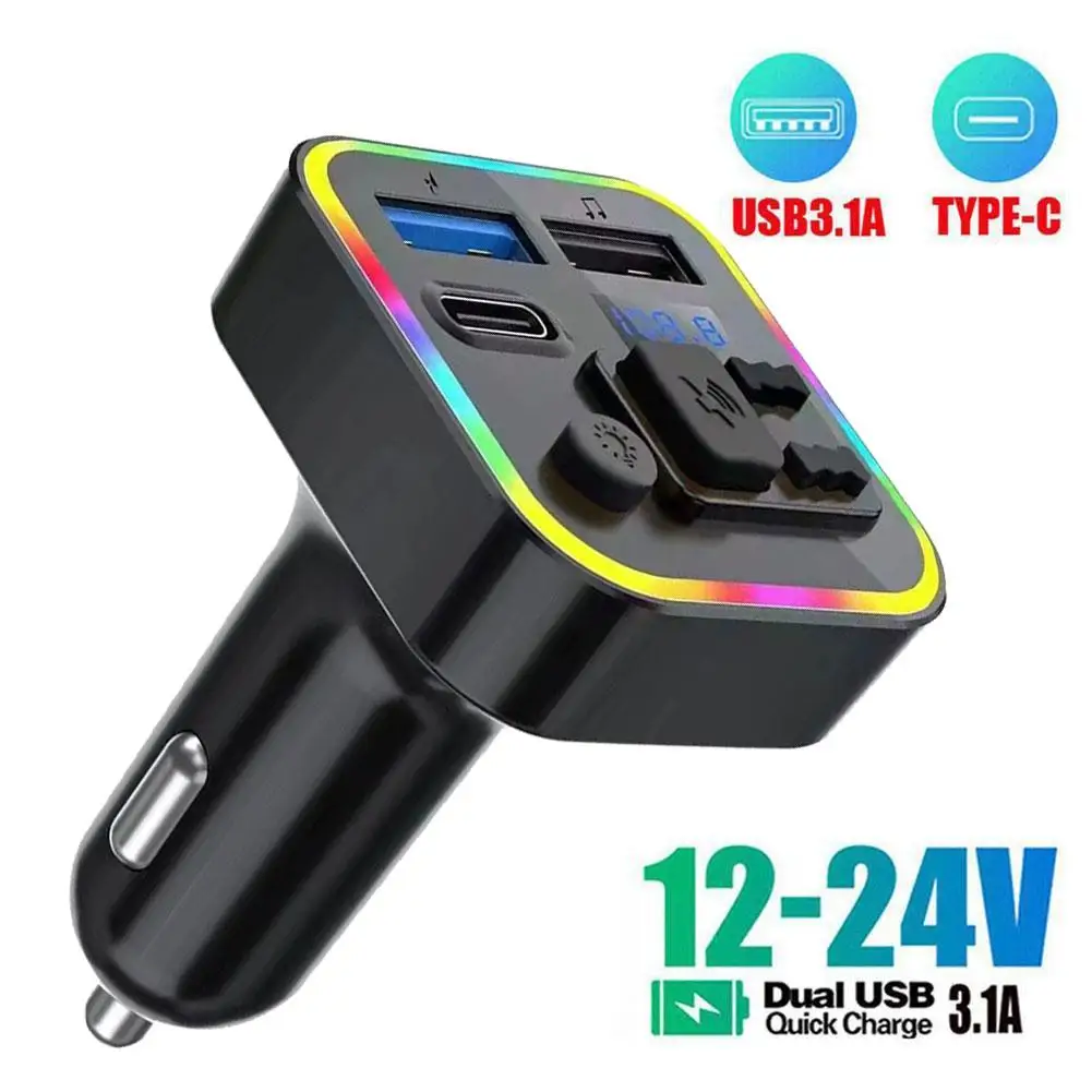 

5.0 FM Transmitter PD Type-C Bluetooth Car Modulator With Player Calling Ambient Light MP3 Handsfree Charger Fast S8B8