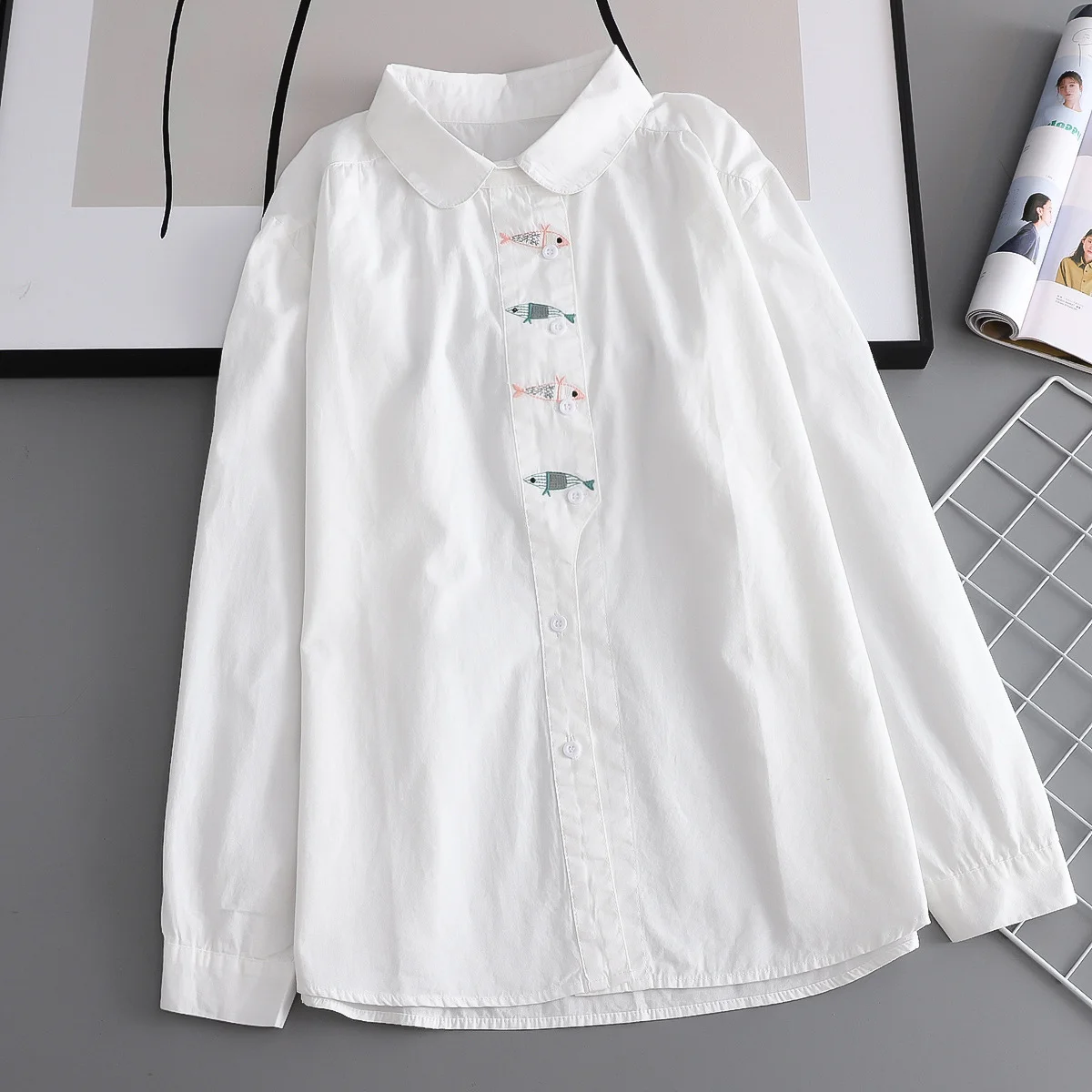 

Белая женская блузка из 100% хлопка, рубашки с красочной вышивкой в виде рыбки из мультфильма, женская одежда в Корейском стиле, оригинальные бренды, 2024