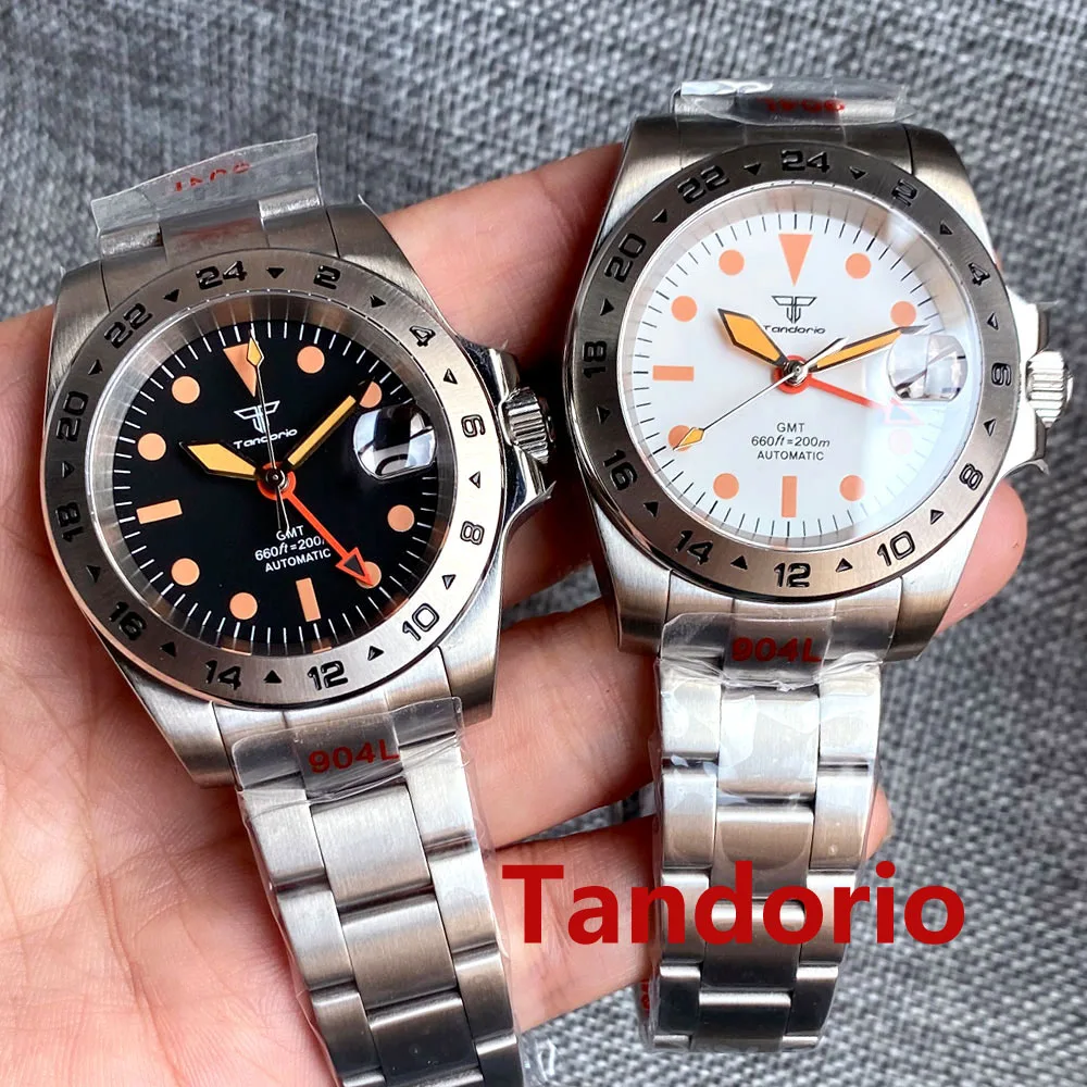 

39mm Tandorio Japan NH34 GMT Fuction Watch Watch For Men Automatic Sapphire Glass Date 24-Hours Fixed Bezel Orange Printed marks