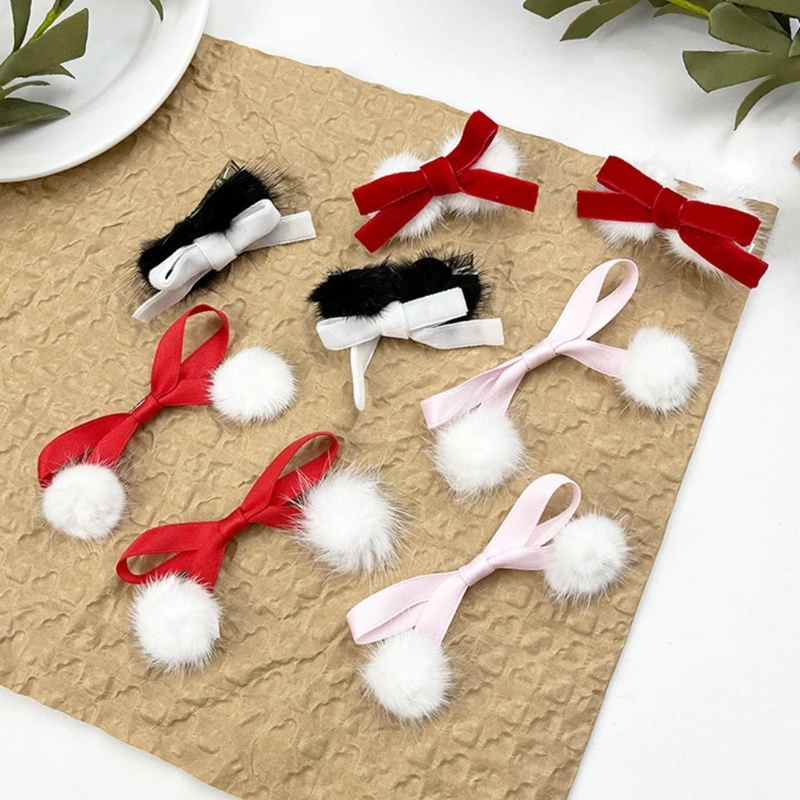 

Plush Pompoms&Bowknot Hairpin Harajuku Bowknot Pompoms Hair Clip for Christmas Bangs Hair Ponytail Hairpins for Teens