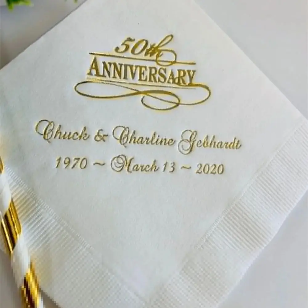 

Personalized Napkins Beverage Cocktail Luncheon Dinner Guest Towel Size Available Wedding Custom Monogram 50th Anniversary Golde