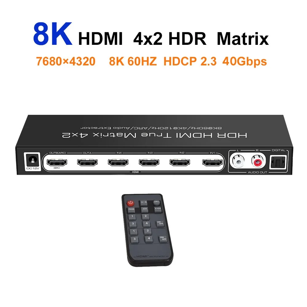 

8K Switcher HDMI 2.1 Matrix 4x2 Video Splitter 4K 120Hz Audio Extractor ARC Dolby Vision Atmos 7.1 5.1 2CH Audio for PS5 XBOX X