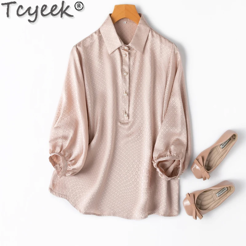 

Tcyeek 100% Mulberry Real Silk Tops for Women Spring Summer Clothes Lantern Sleeve Shirts 2024 Elegant Female Blouses Dot M-2XL