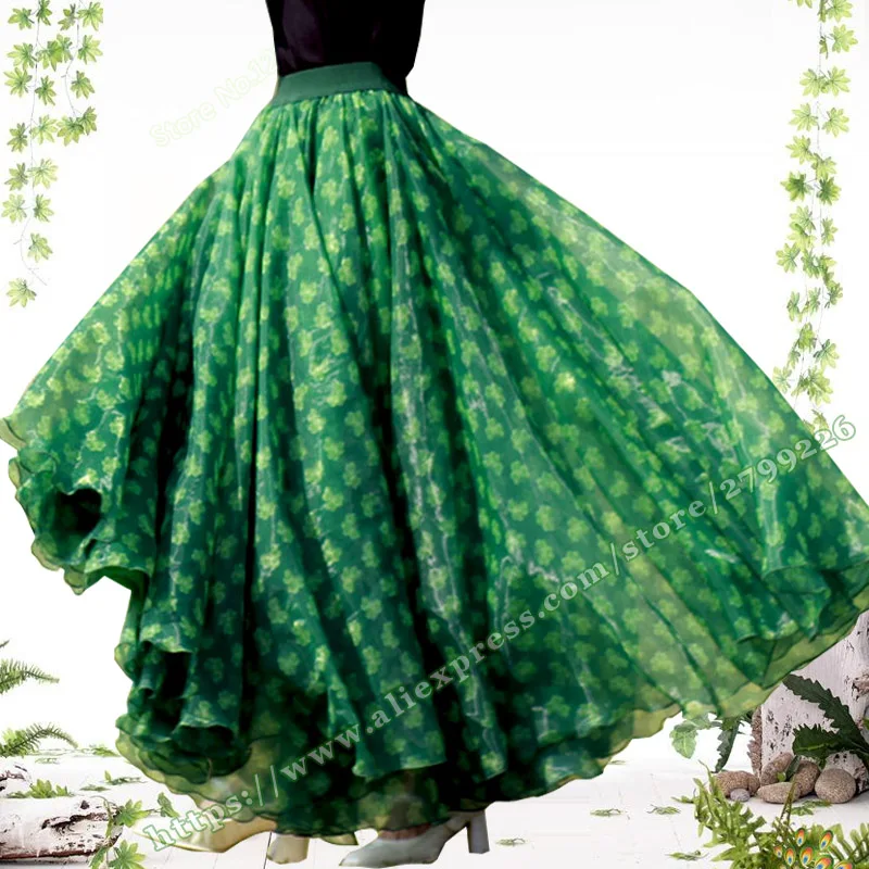 

Plus Size Summer 2022 New Fashion Elegant Retro High-Waisted Organza Green Floral Big Hem Fluffy Sun Umbrella Ladies Skirt Women