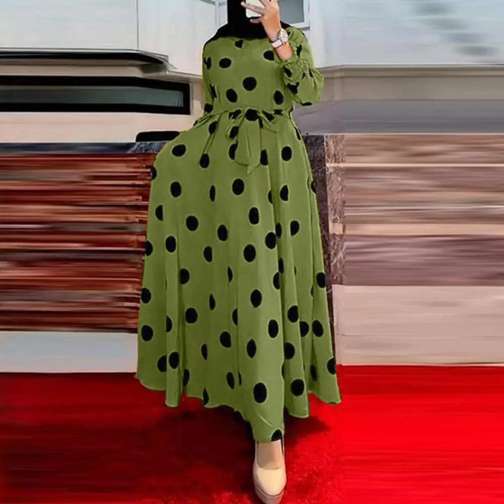 

Women Dot Dress Elegant Retro Maxi Dress with Polka Dot Print Belted High Waist Women's Fall Spring Long Sleeve A-line Ankle