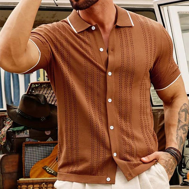 

2024 Spring Summer Mens Fashion Polos Shirts Fashion Arrow Jacquard Short Sleeve Buttoned Tops Cardigan Casual Men Knit Shirt