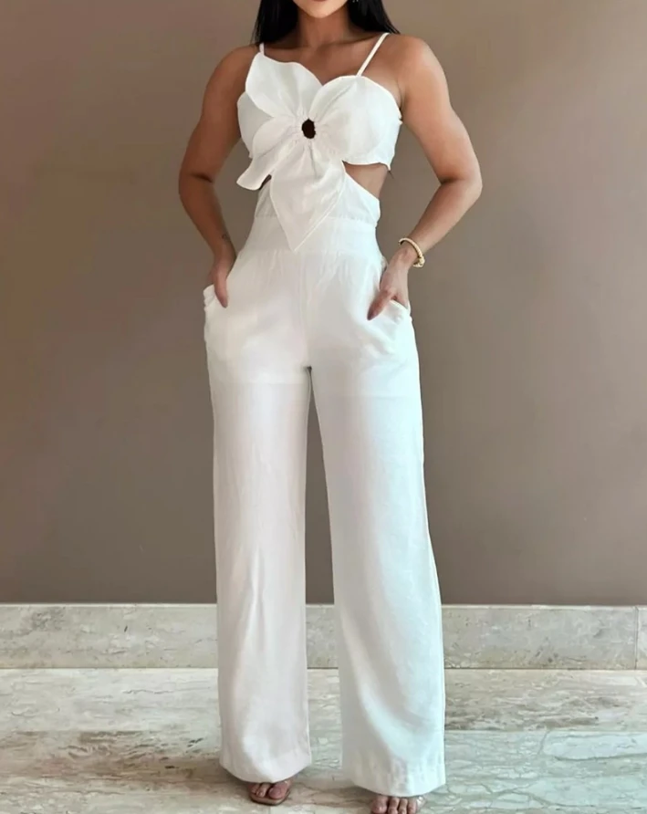 

Women Jumpsuit 2024 Summer Asymmetric Neck Spaghetti Strap Floral Pattern Shirred Hollow Out Pocket Tied Detail Romper Bodysuit