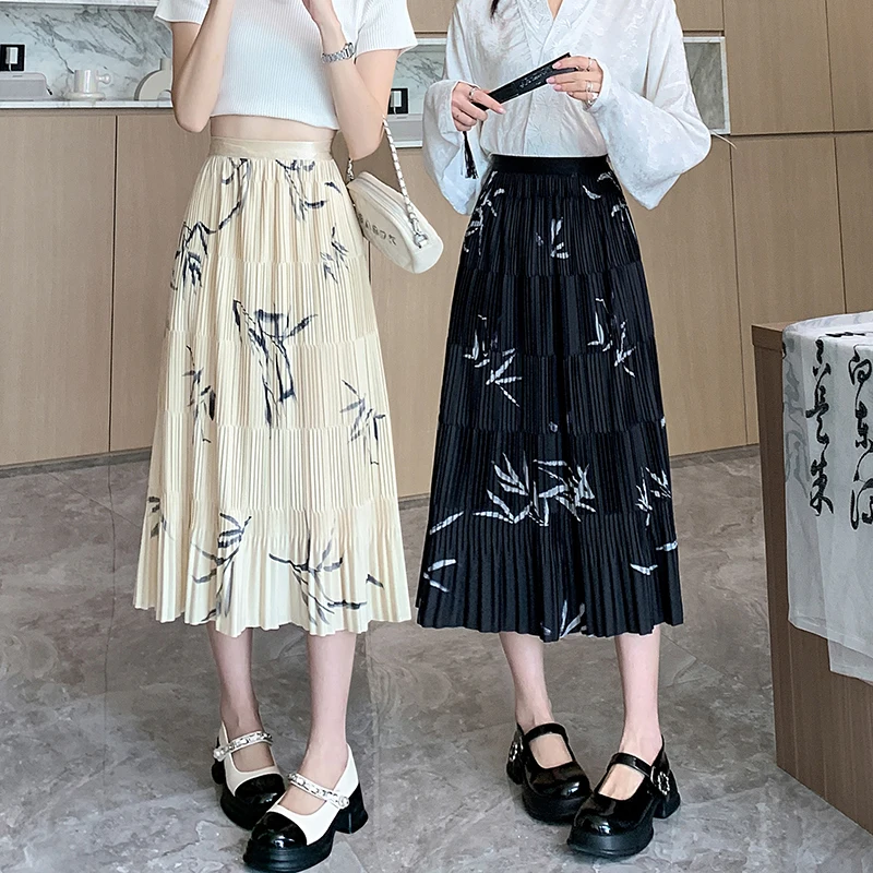 

Coigarsam Women Skirt Summer 2024 New Office Lady Casual Silk Print Folds High Waist Black Skirts