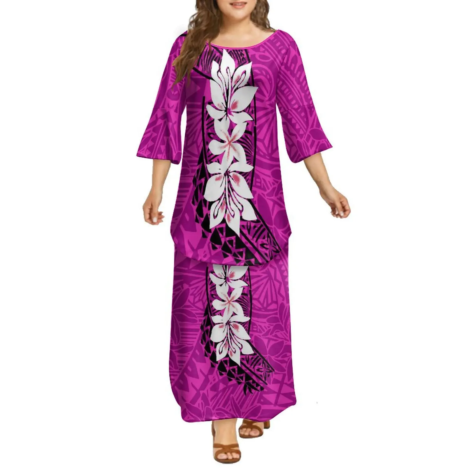 

Women'S Long-Sleeved Dress Polynesian Tribal Design Puletasi Dress Plus Size 8xl Free Shipping