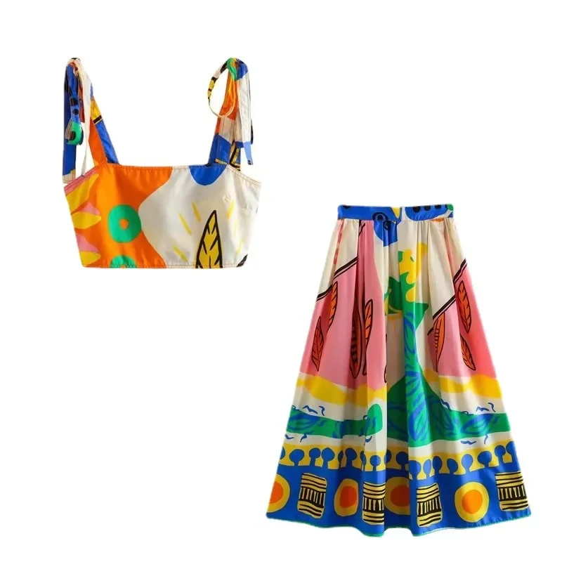 

2023 Spring New Women's Halter Print Vest + High Waist Print Skirt Suit Two Piece Sets Womens Outifits