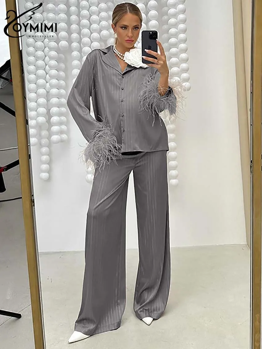 

Элегантные комплекты Oymimi цвета хаки с принтом, женские модные комплекты из 2 предметов, рубашка на пуговицах с длинным рукавом и брюки с высокой талией