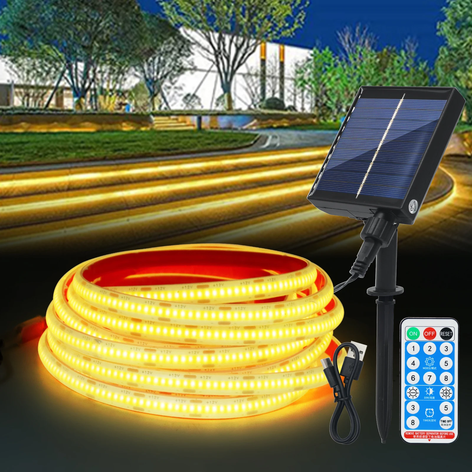 

IP68 Waterproof Solar Powered COB LED Strip 12V 320Leds/m High Density Ra90 Flexible Dimmable LED Light Tape 3000K 4000K 6000K