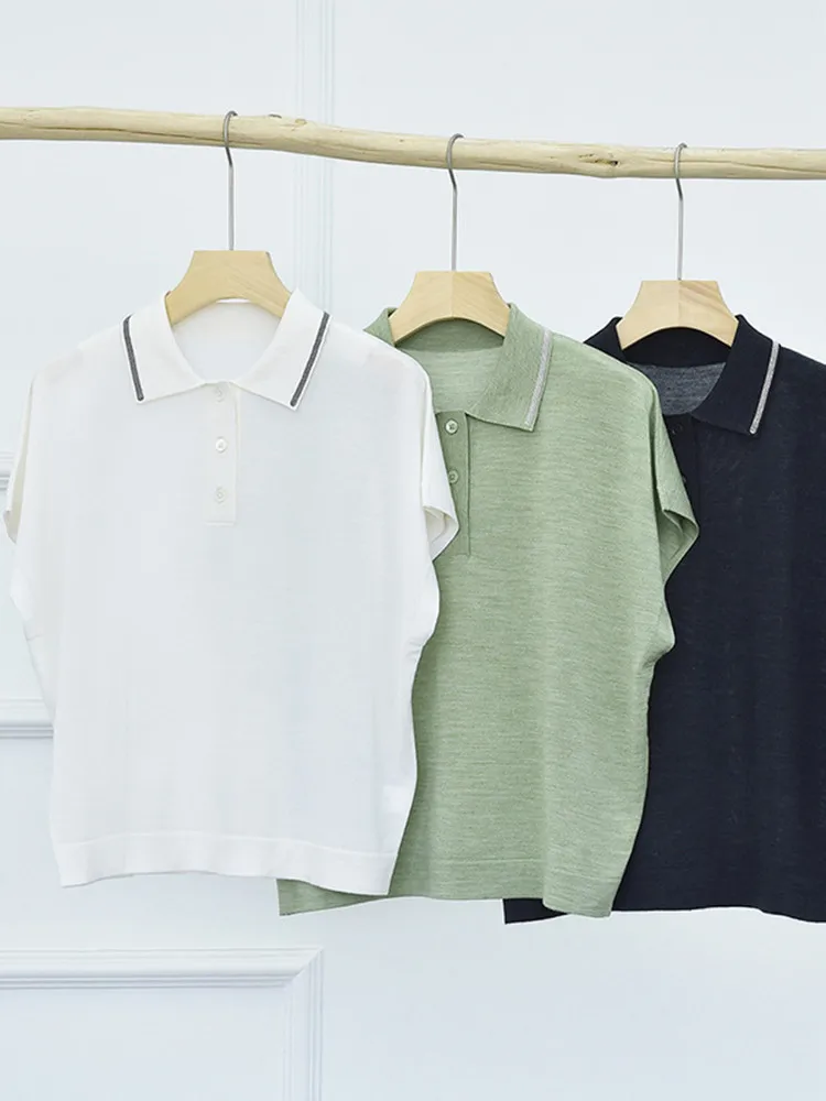 

Spring New 2024 Women Wool Blend Single Breasted Tee Tops Beading Solid Color Short Sleeve Casual Lady Turn-Down Collar T-Shirt