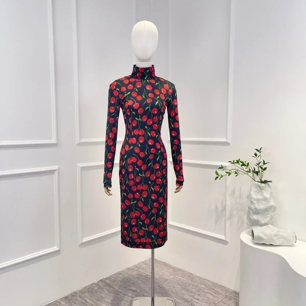 

Cherry Printing Long Sleeves Turtleneck Patchwork Slim Fit Women Midi Dress for Autumn