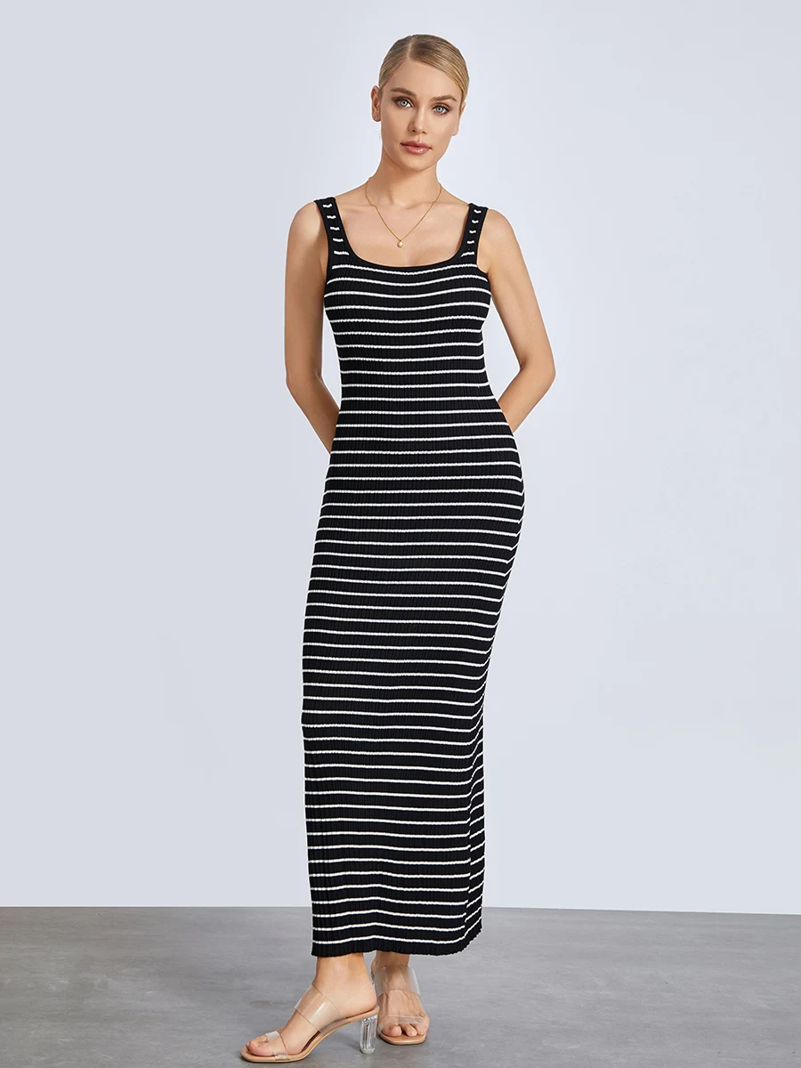 

Women’s Summer Knit Long Dress Casual Sleeveless Scoop Neck Striped Print Bodycon Dress