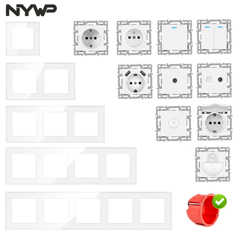 Nywp wall-mounted module diy European standard glass white panel power socket switch button function free combination
Nywp wall-mounted module diy European standard glass white panel power socket switch button function free combination