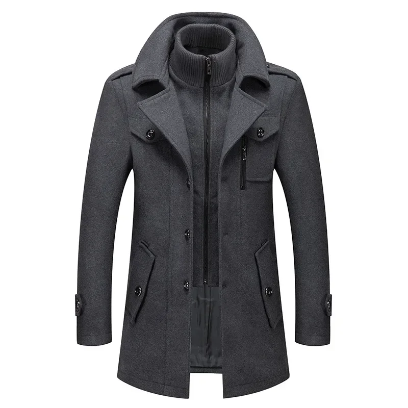 

New Winter Wool Coat Men Fashion Double Collar Thick Warm Jacket Single Breasted Trench Coat Men Casual Wool Blends Overcoats