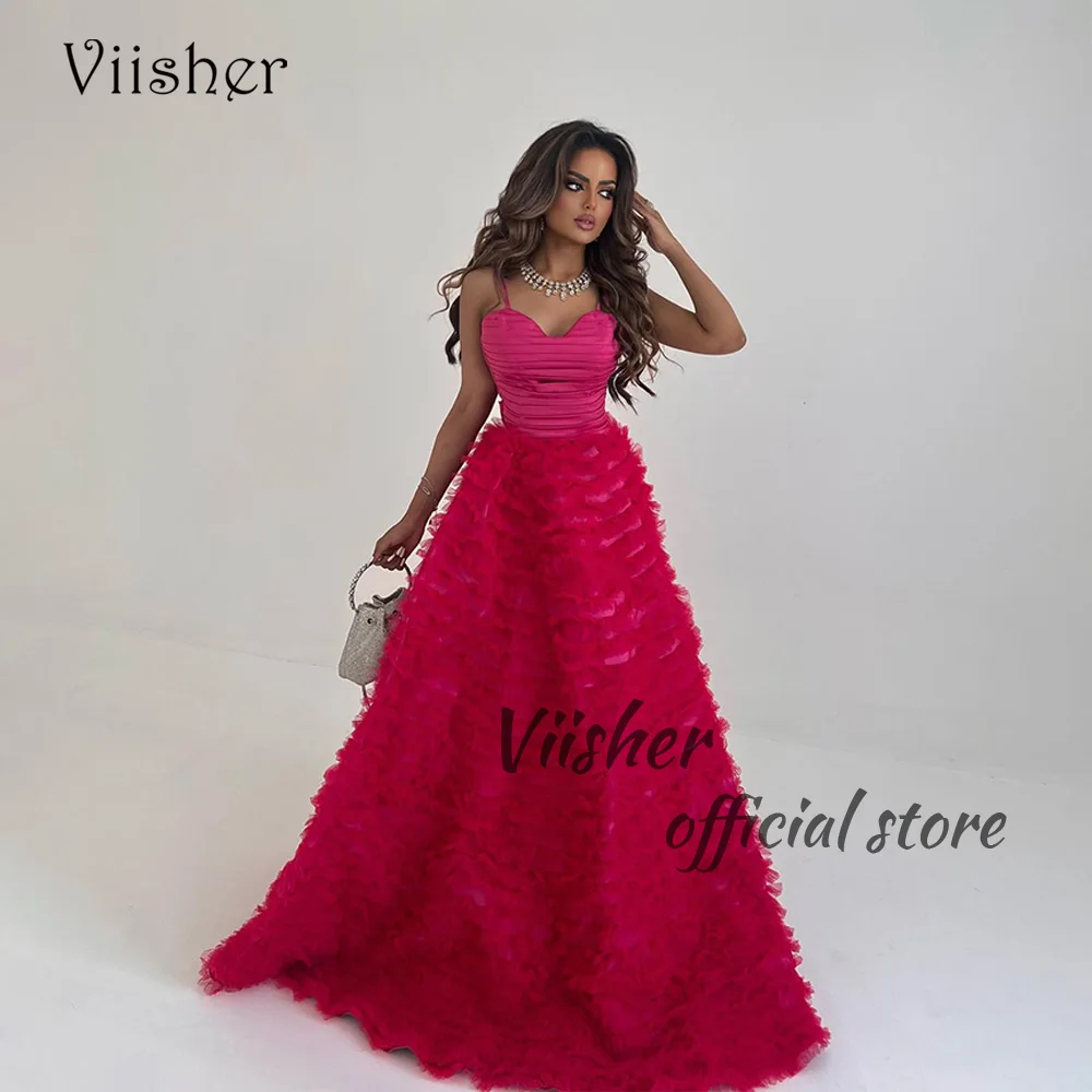 

Viisher Red Tiered Tulle A Line Prom Party Dresses Sweetheart Spaghetti Straps Long Evening Celebrate Dresss Dubai Event Dress