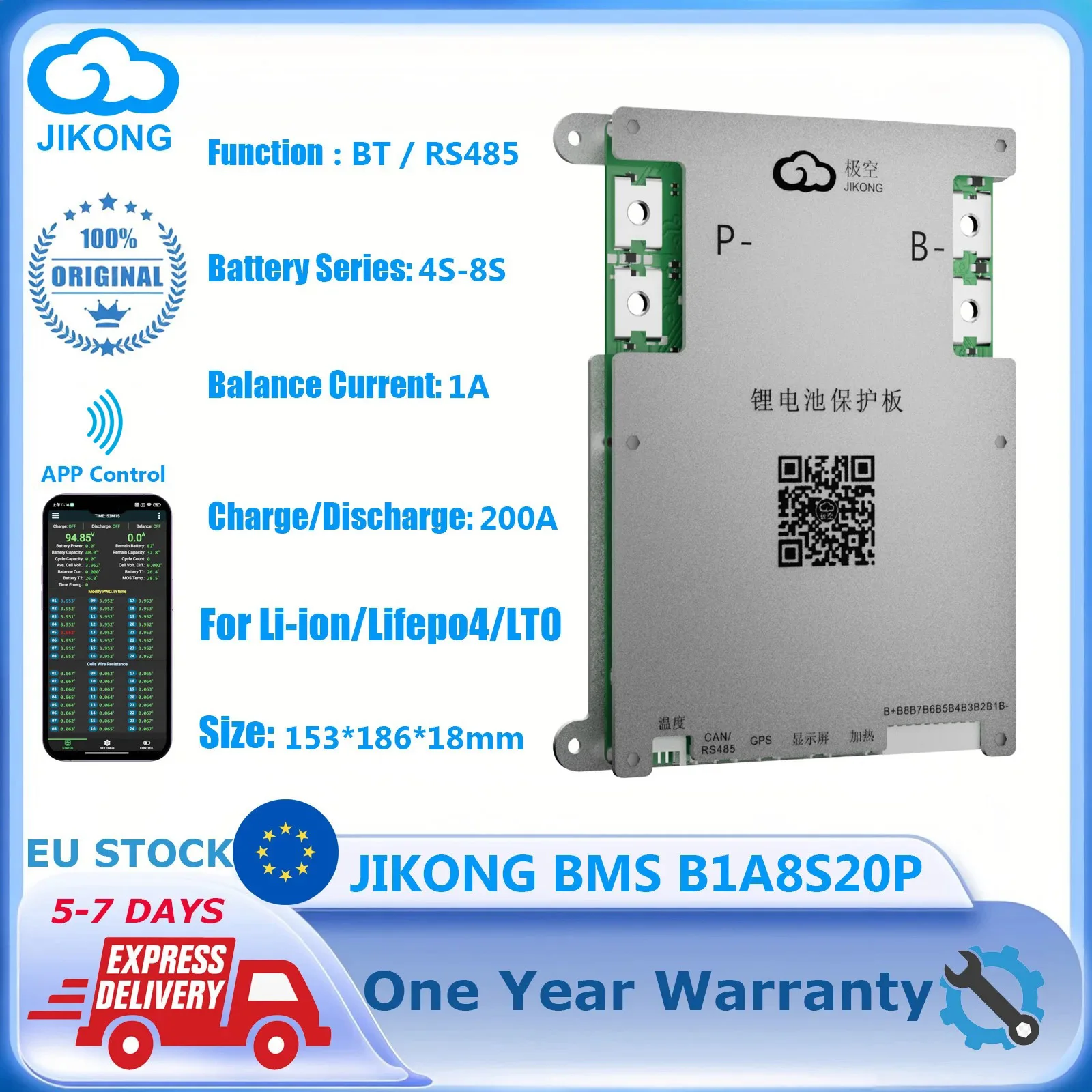 

JKBMS Smart Active Balance B1A8S20P with BT CAN RS485 1A Balance 3S~8S LiFePo4 Li-ion 18650 Battery 200A Charge Protect JK BMS