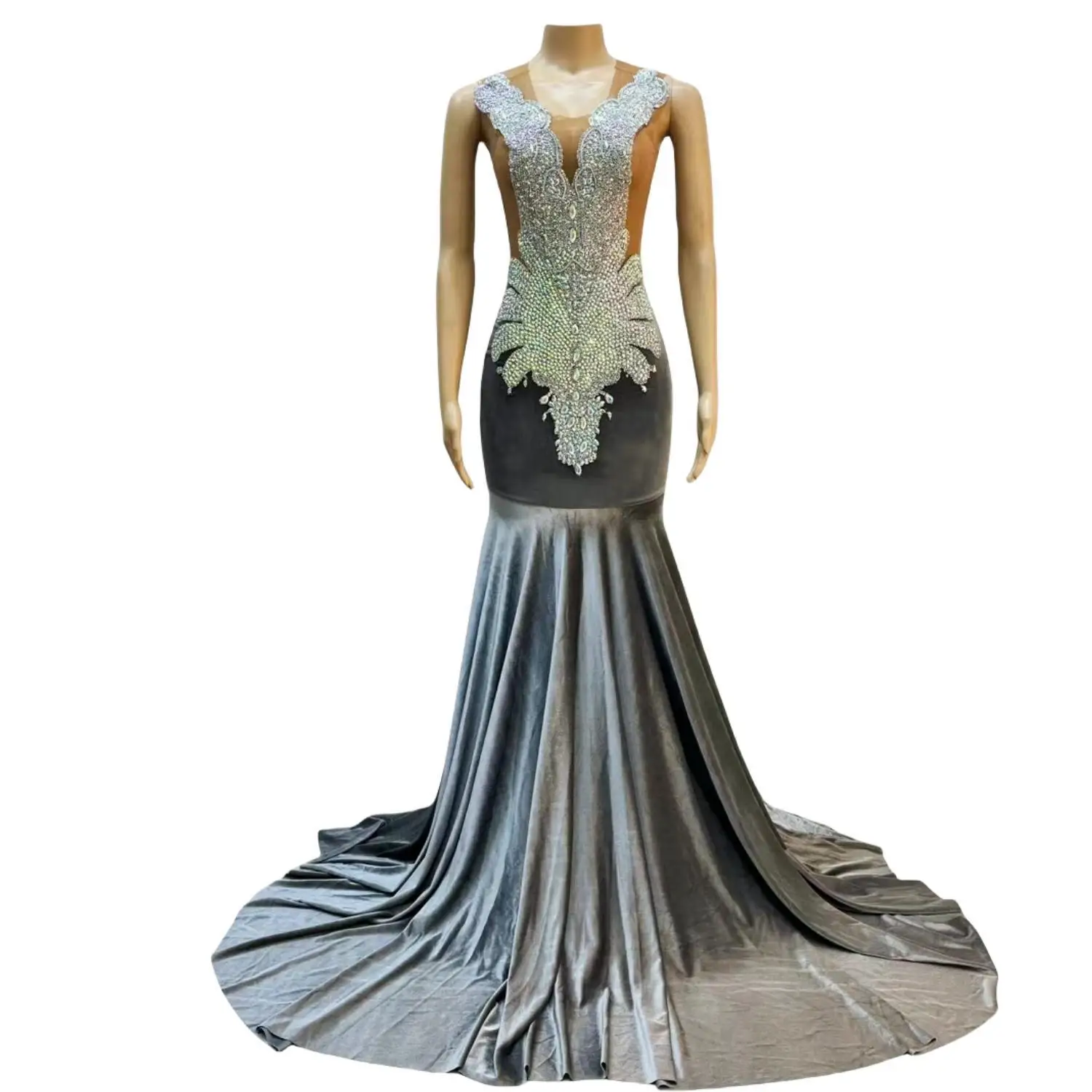 

Elegant Luxury Silk Women's Dress Sparkling Silver Crystals Floor Length Dress Banquet Dress Wedding Birthday Prom Evening Dress