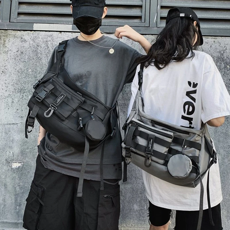 

Shoulder Gothic Black Crossbody Messenger Tote Bags For Men Women's Shopper Nylon Hip Hop Techwear Satchel Waist Goth Postman