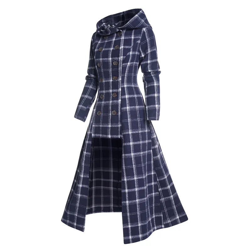 

Dressfo Casual Plaid Print High Low Button Up Hooded Coat Full Sleeve Fashion Longline Coat For Winter 2023 New
