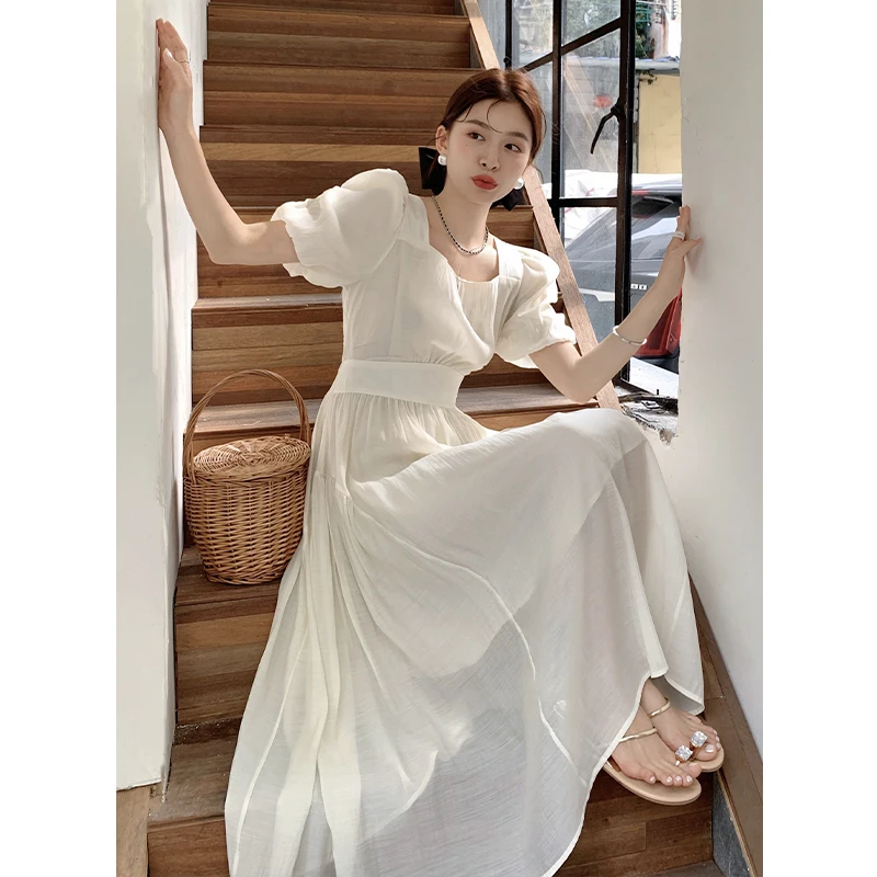 

Summer Dress Women 2023 New French Retro Palace Style Square Collar Bubble Sleeve Solid Color Waist Dress Long Dress Female