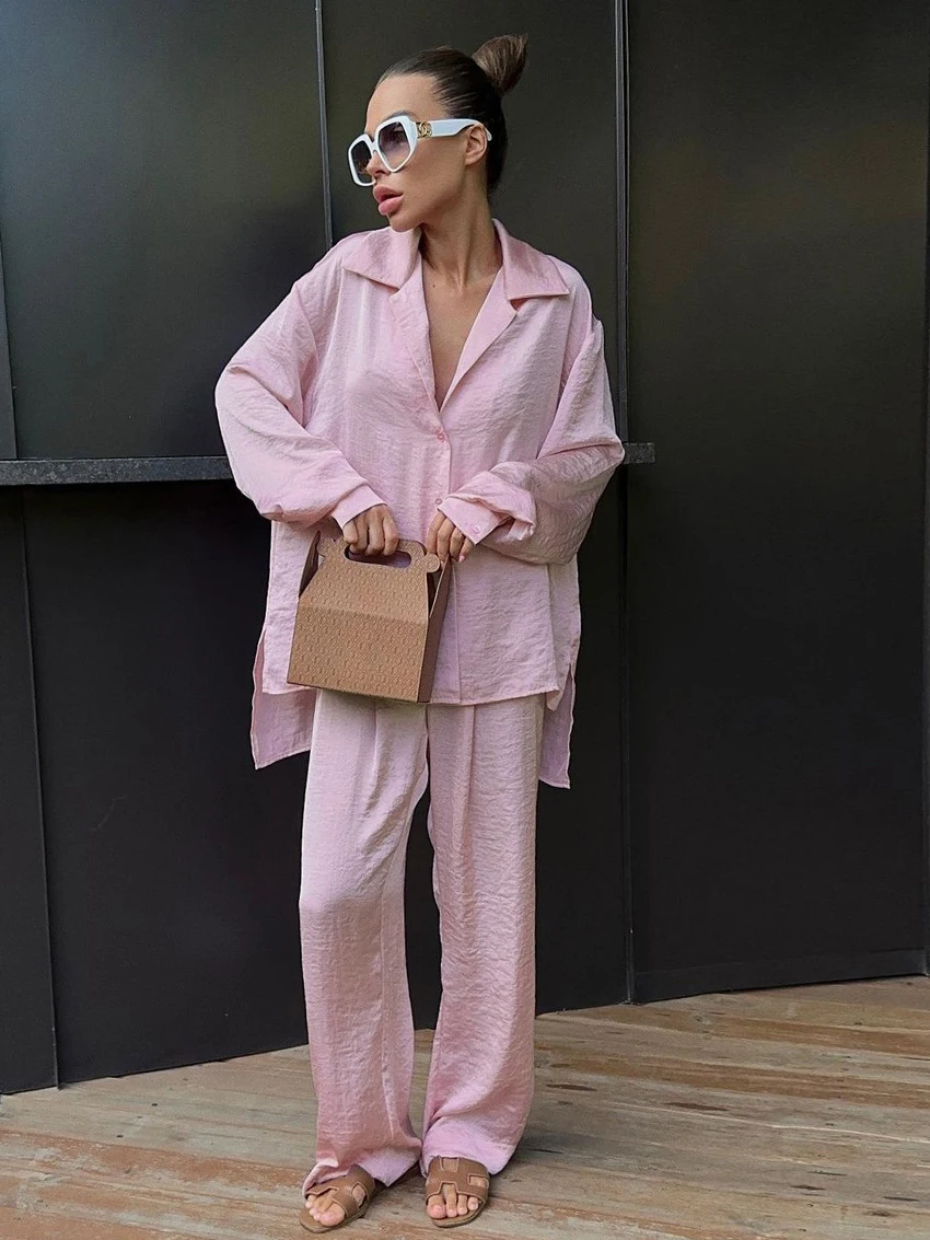 

Marthaqiqi Pink Loose Women Nightgowns Suit Sexy Turn-Down Collar Sleepwear Long Sleeve Nightwear Pants Casual Ladies Pajama Set