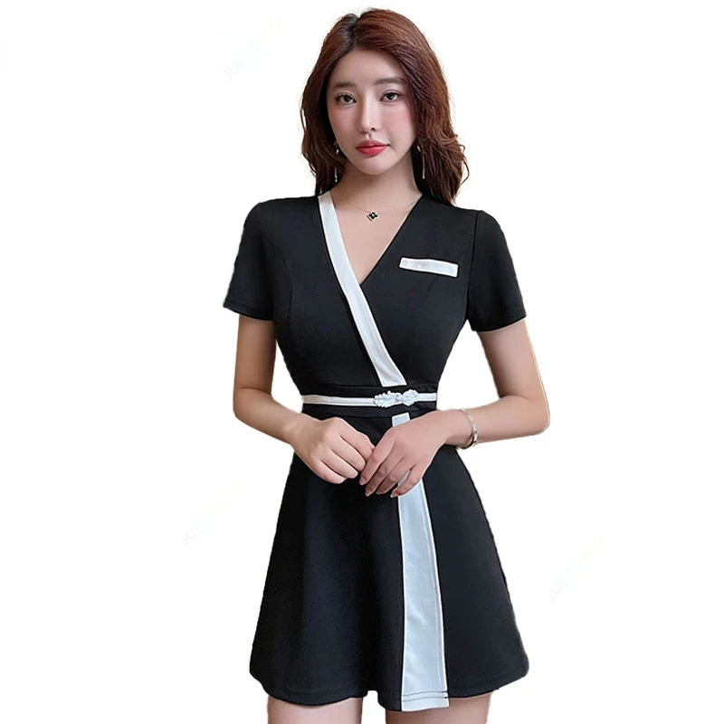 

New High Quality Foot Bath Working Clothes for Femail Spa Technician Workwear Beautician Massage Sauna Uniform Black Dress Set