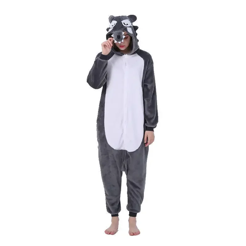 

New Adults Kigurumi Wolf Onesies Pajama Flannel Cute Cartoon Anime Animal Winter Pyjamas Sleepwear Homewear Overall