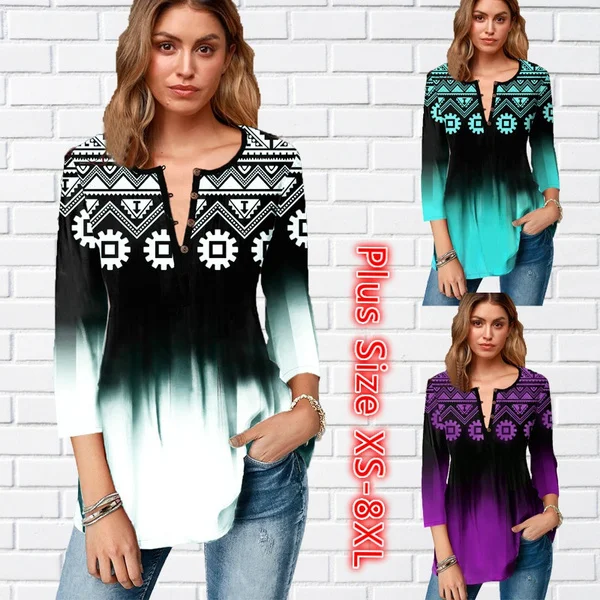 

2022 New Women Casual Dress Femme Tribal Print Gradient Three Quarter Sleeve T-shirt Fashion Loose Floral Pullover XS-8XL