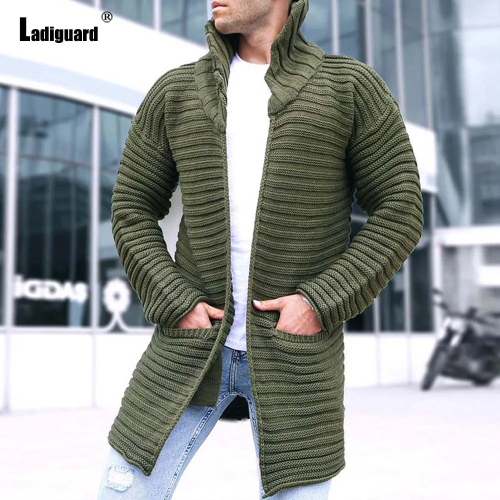 

Ladiguard 2023 New Knitting Sweater Winter Warm Jumpers Mens Turtleneck Top Cardigans Solid Pocket Sweater Men Long Trench Coats