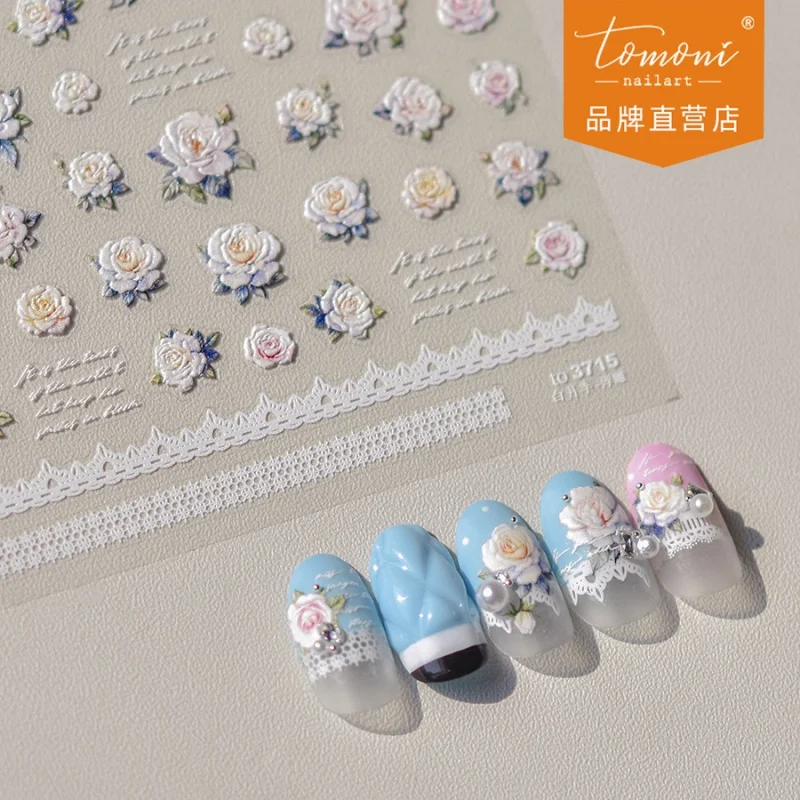 

[Meow.Sensei] Tomoni Relief Nail Stickers Popular Retro Nail Sticker Factory Wholesale Japanese Style White Rose 3715