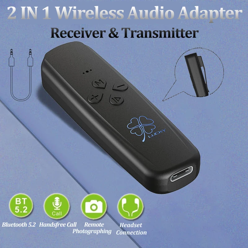 

2 in 1 Wireless Bluetooth 5.2 Receiver Transmitter Adapter 3.5mm Jack Handsfree Wireless Hifi Stereo Headphones Adapter With Mic