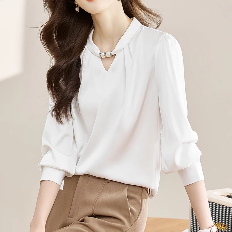 

QOERLIN Stylish Satin White Shirts Long Sleeve Spring Autumn Blouse Stand Collar Beaded Blouse Elegant Office Ladies Pullovers