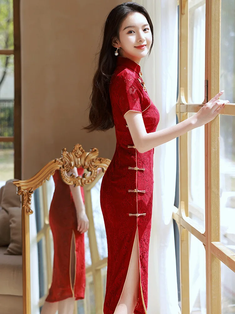 Yourqipao Summer Burgundy Lace Cheongsam Toast Clothing Bride Engagement Retro Qipao Chinese Style Wedding Dress for Women Party
Yourqipao Summer Burgundy Lace Cheongsam Toast Clothing Bride Engagement Retro Qipao Chinese Style Wedding Dress for Women Party