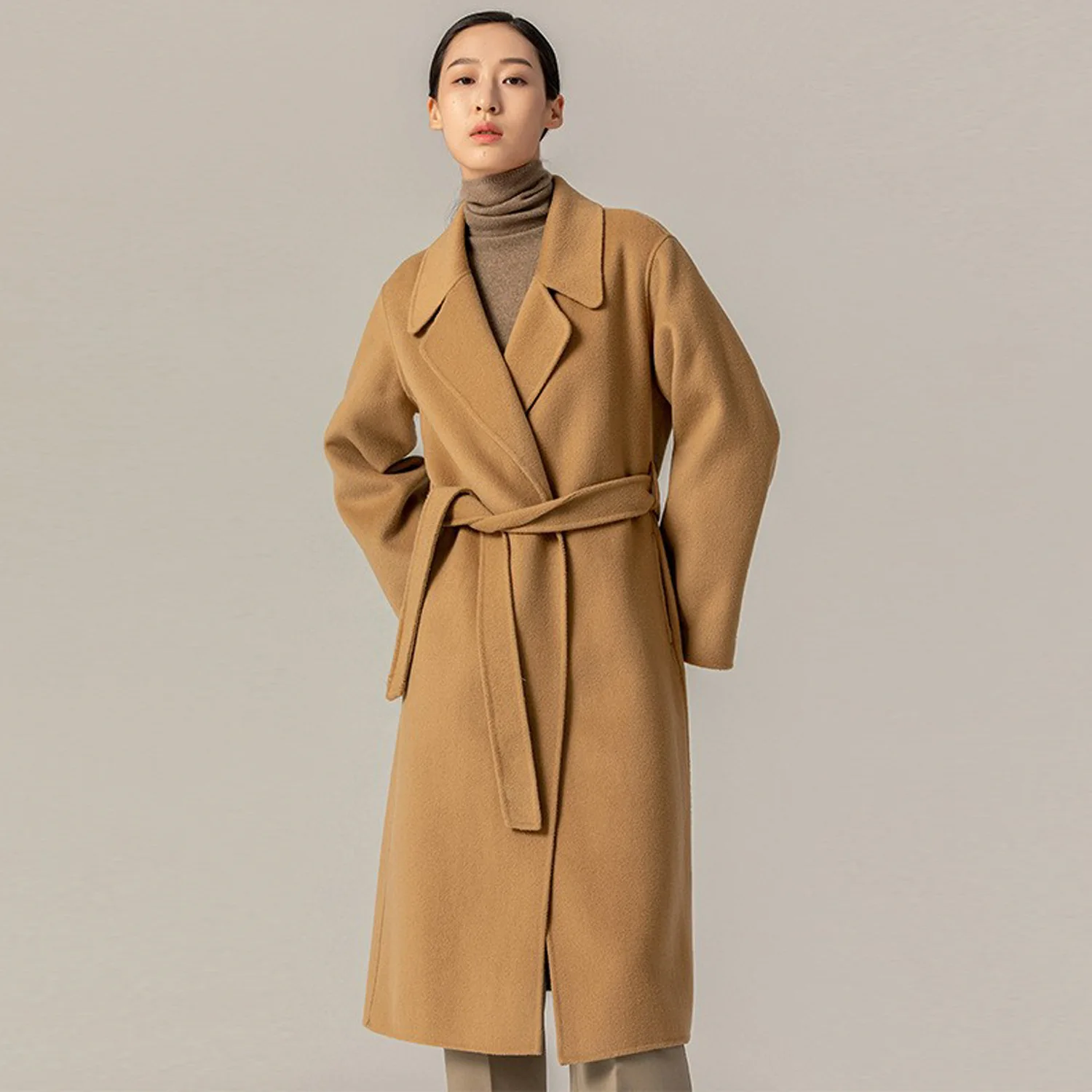 

Autumn/Winter Korean Extended 10% Cashmere Coat With Knee Tie Up Double Sided Woolen Coat Women's Woolen Coat